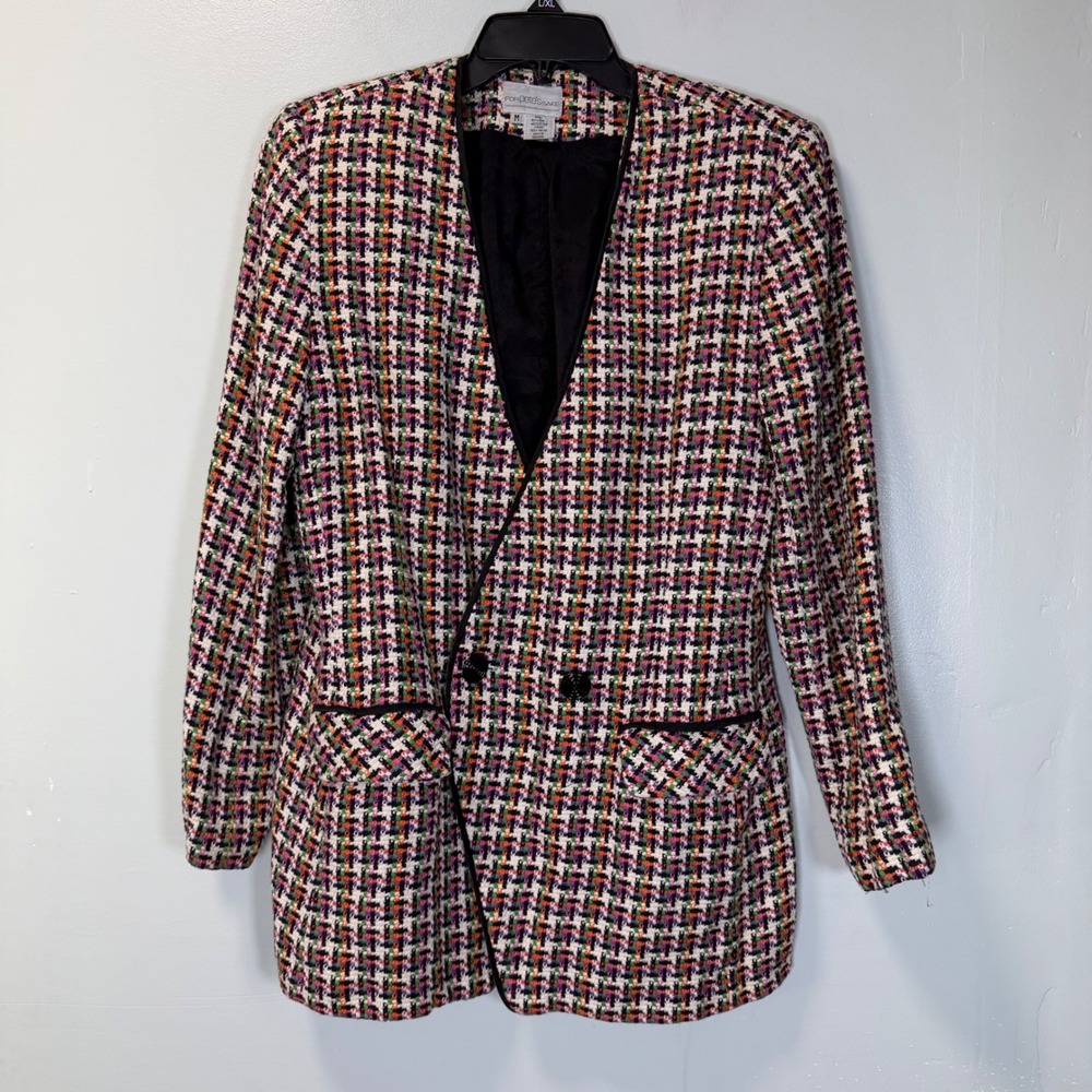 VTG For Petes Sake Multicolor Houndstooth Linen Cotton Blazer‎ Jacket Womens M